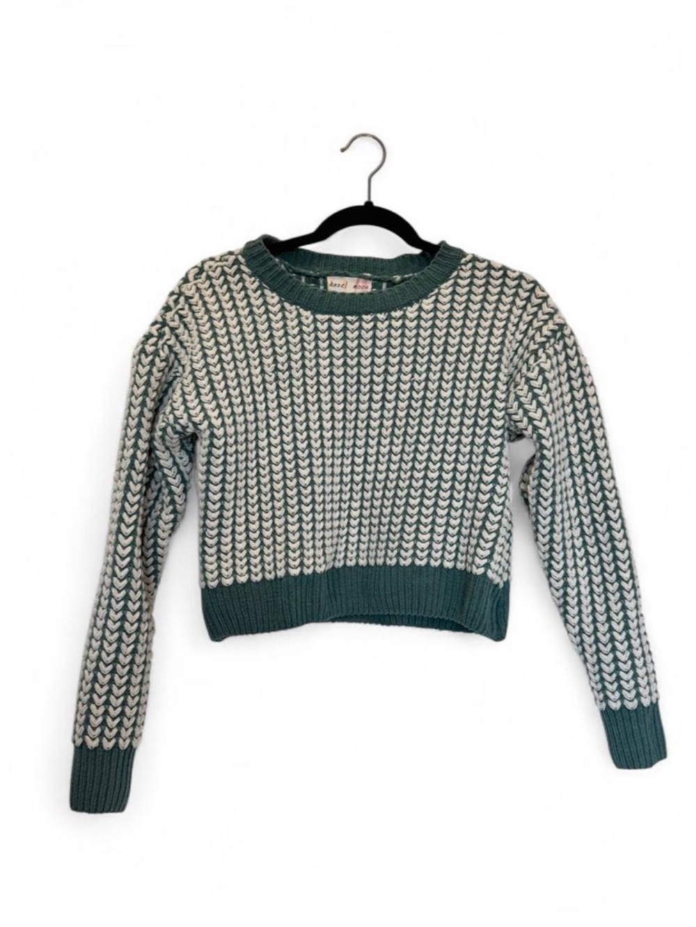 Chunky Knit Cropped Sweater Cozy Green and White Size M Fall Cottage Cabin